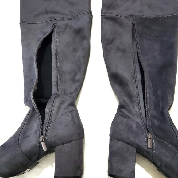 Torrid | Gray Suede Over-The-Knee Back Tie Block Heel Boots - Picture 4 of 14